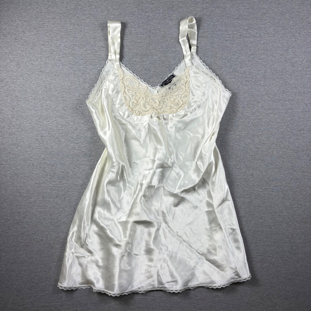 Halston Slip Dress Women XL White Satin Lace Trim Chemise Lingerie Bridal